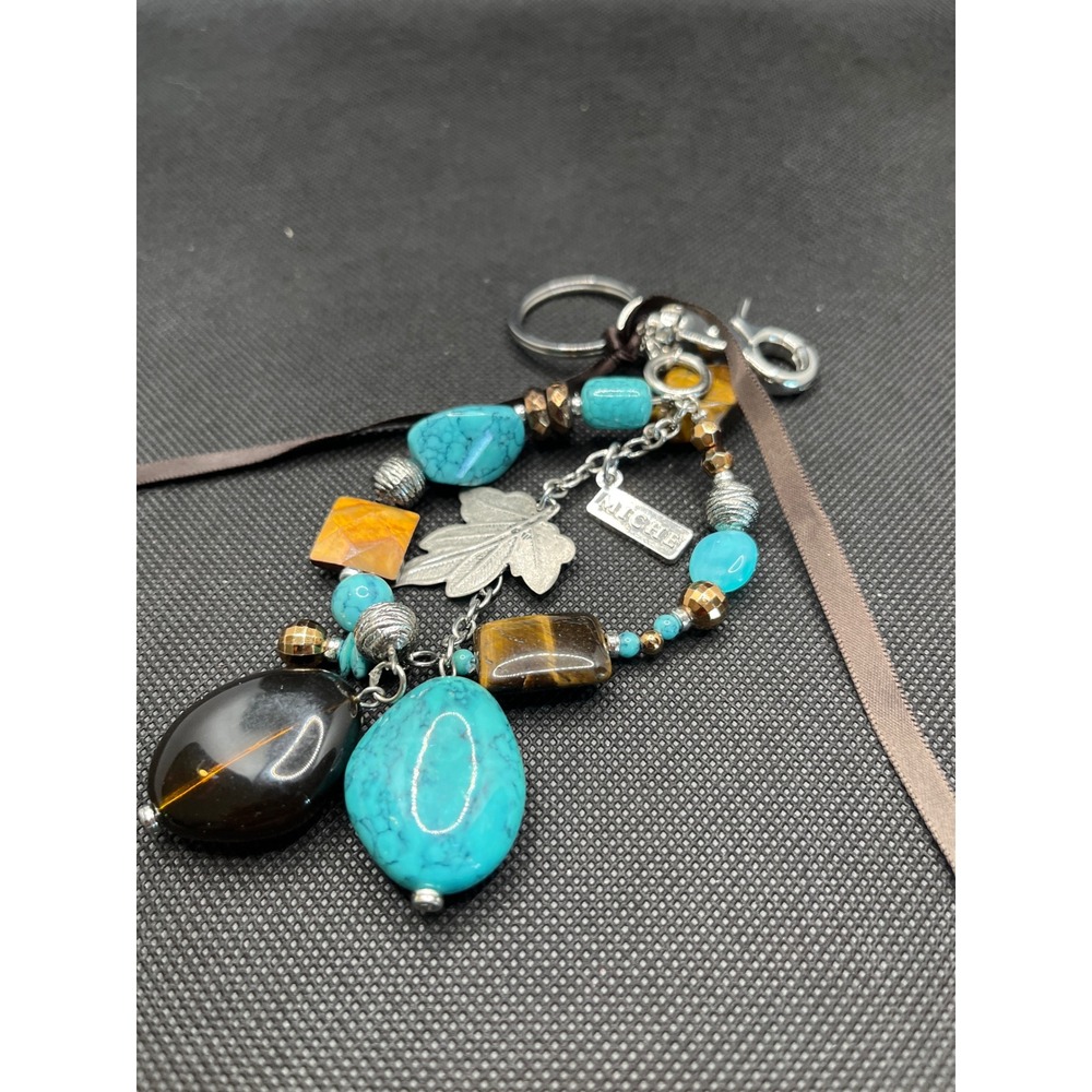 Miche Bag Charm Keychain Turquoise Tiger Eye Bead Leaf Silver Tone Boho Accessor